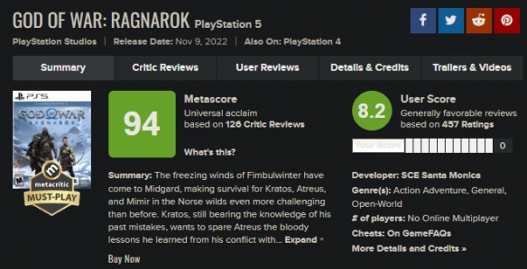 《战神5》M站用户评分8.2：有史以来最好的游戏之一！(图2)
